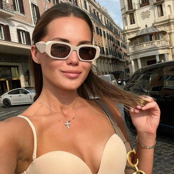 Prada PR17WS VYJ6X1 Sunglasses Powder Beige Brown Rectangle Unisex - Picture 9 of 12